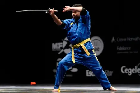 Coach sportif en arts martiaux : pratiquant de vovinam avec un sabre