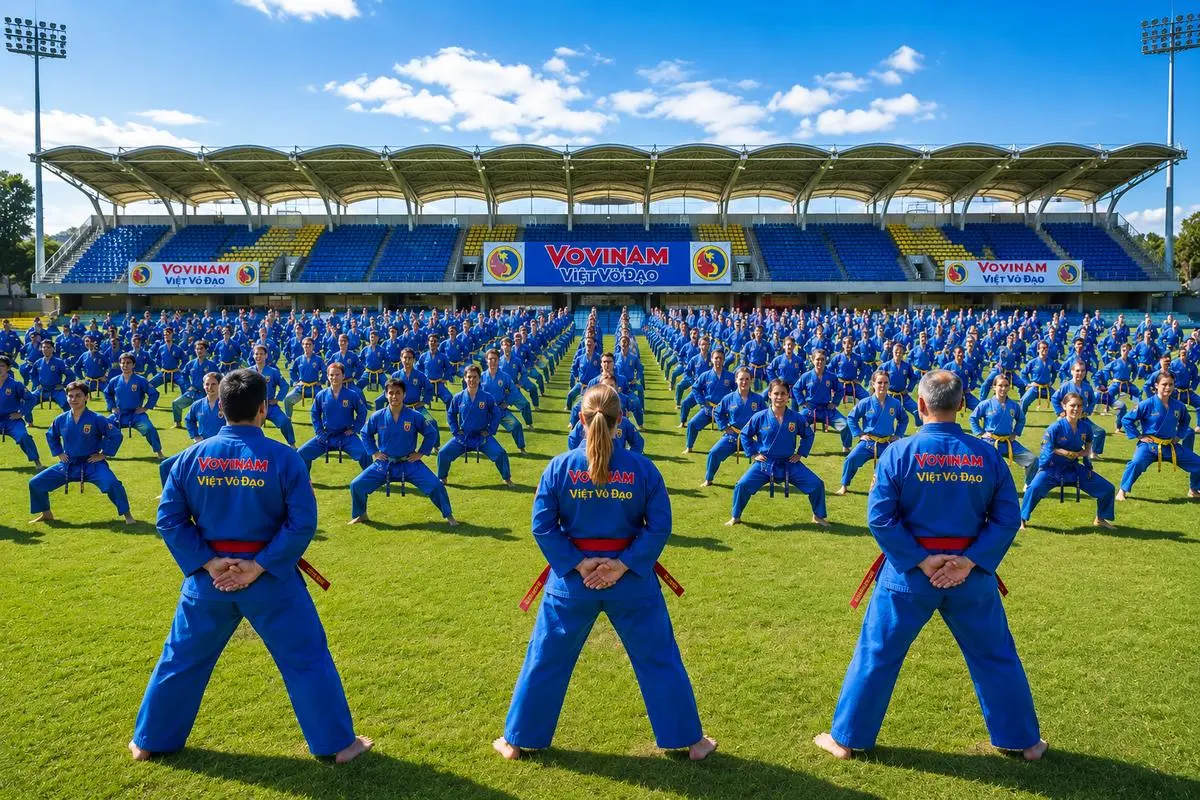 Cours collectif de Vovinam Viet Vo Dao dans un stade : démonstration géante d’arts martiaux vietnamiens